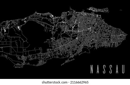 Afiche del mapa vectorial de la provincia de Nassau. Capital del municipio de Bahamas hoja de ruta cuadrada lineal, área administrativa municipal, líneas blancas sobre fondo negro, con título.