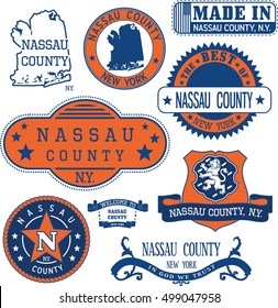 Nassau county, New York. Set of generic stamps and signs including Nassau county map and seal elements.