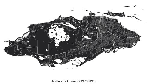 Mapa vectorial de Nassau. Mapa vectorial detallado del área administrativa de la ciudad de Nassau. Vista de la aria metropolitana de Cityscape poster. Tierra negra con caminos blancos y avenidas. Fondo blanco.