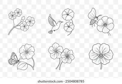 Nasturtium Flower Line Art Vector Set with Detailed Floral Designs for Botanical Illustrations and Nature Inspired Artwork