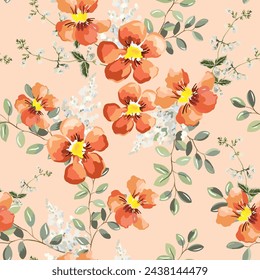 Nasturtium flowers, green leaves, peach background. Floral illustration. Vector seamless pattern. Botanical design. Nature garden plants. Summer bouquets