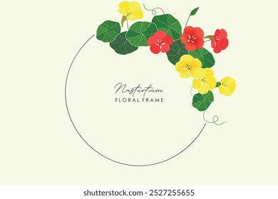 Nasturtium flores e folhas quadro fundo. Ilustração vetorial de flores de nastúrcio em quadro com um padrão floral arranjado sem emenda.