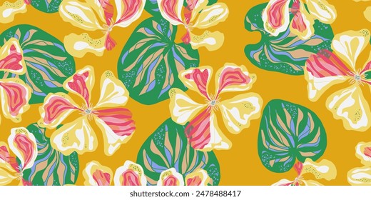 nasturtium flowers ornament stylized blooming linear elements natural motifs seamless overlapping endless pattern rapport vector