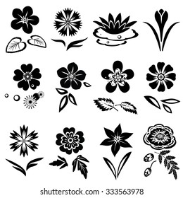 Nasturtium, primula, lily, viola, anemone, crocus, cornflower, blue poppy, poppy, orchid flower set. Spring, summer flowers. Floral black symbols with leaves. May be used in cuisine. Vector isolated. 