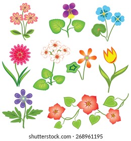 Nasturtium, primula, viola, anemone, tulip, gowan, dog-daisy, petunia flower set. Spring flowers. Floral symbols with leaves. Color icons. May be used in cuisine. Vector isolated. 