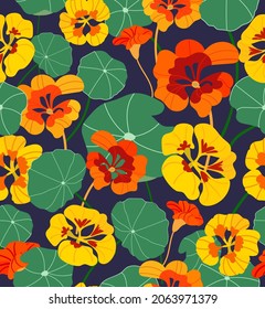 Nasturtium seamless vector pattern on dark blue background. Textile print. Modern background design.