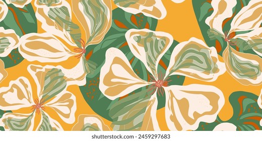 Nasturtium. Stylized fantasy flowers and leaves in Japanese style vector seamless pattern spring motifs ornament. Retro style.