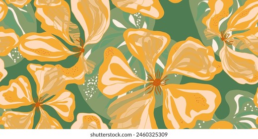 Nasturtium. Stylized fantasy flowers and leaves in Japanese style vector seamless pattern spring motifs ornament. Retro style.