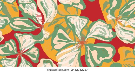 Nasturtium. Stylized fantasy flowers and leaves in Japanese style vector seamless pattern spring motifs ornament. Retro style.