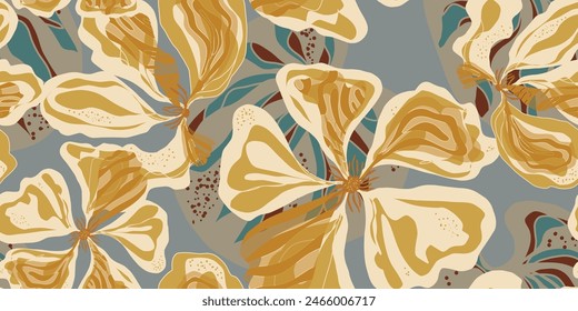 Nasturtium. Stylized fantasy flowers and leaves in Japanese style vector seamless pattern spring motifs ornament. Retro style.