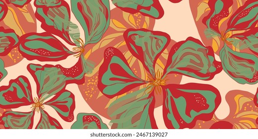 Nasturtium. Stylized fantasy flowers and leaves in Japanese style vector seamless pattern spring motifs ornament. Retro style.