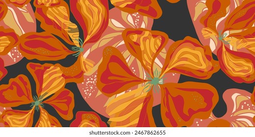 Nasturtium. Flores y hojas de fantasía estilizada en Vector de estilo japonés con motivos de primavera sin costuras. Estilo retro.