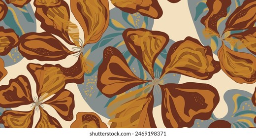 Nasturtium. Stylized fantasy flowers and leaves in Japanese style vector seamless pattern spring motifs ornament. Retro style.