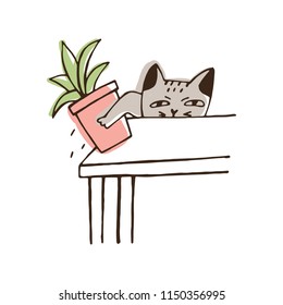 Nasty cat throwing potted plant off table. Amusing naughty kitty dropping houseplant isolated on white background. Disobedient behavior of domestic animal. Colorful hand drawn vector illustration