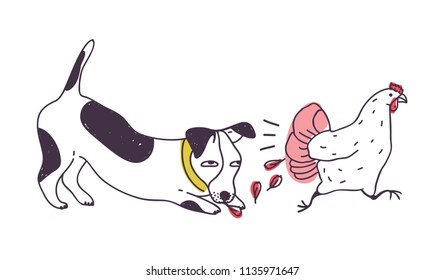 Nasty dog chasing chicken isolated on white background. Naughty puppy or doggy pursuing, catching and biting hen. Harmful behavior of domestic animal. Colored hand drawn vector illustration