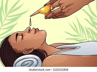 Nasyam. Treatment, which is used to insert the medication in the nostrils. Medical procedure. Healthcare illustration, medical illustration. Vector illustration. 