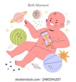 Natal chart concept. A humorous take on astrological birth charts with a baby clutching an hourglass amidst zodiac signs and planets. Vector illustration.