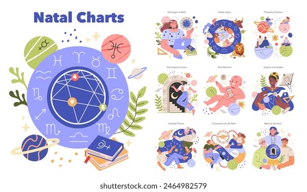 Natal Charts concept. Exploration of astrology with zodiac signs, planetary positions, and celestial symbols. Astrologer figures interpreting cosmic influences. Vector illustration.