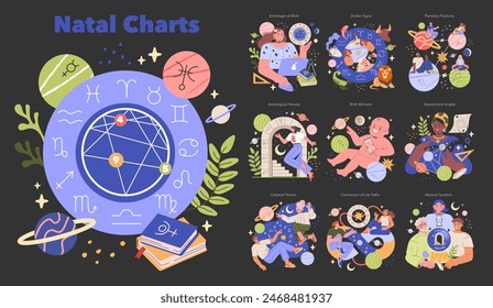 Natal Charts set. Astrology enthusiasts exploring zodiac signs, planetary positions, and birth charts. Representation of celestial events and astrological symbols. Vector illustration.