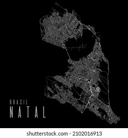 Natal city vector map poster. Brazil municipality square linear street map, administrative municipal area, white lines on black background, with title.