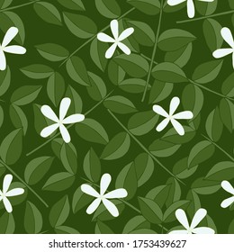 Natal plum branch with white flowers on green background. Hand drawn texture. Stock vector illustration.