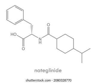 Nateglinide structure. Molecule of drug used to treat type 2 diabetes. Chemical formula.