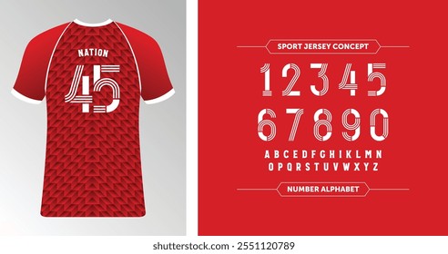 Nation 45: Red sport jersey template with bold striped patterns. Includes A-Z characters and numbers for a standout style.