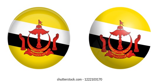 "Nation of Brunei, the Abode of Peace" flag under 3d dome button and on glossy sphere / ball.