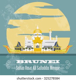 Nation of Brunei  landmarks. Retro styled image. Sultan Omar Ali Saifuddin Mosque. Vector illustration