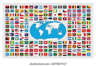 Nation Flag of Different Countries with world map vector, Collection set SVG of sovereign state flags of the Worlds with their name clipart svg