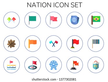 nation icon set. 15 flat nation icons.  Collection Of - flags, maple leaf, flag, passport, london eye