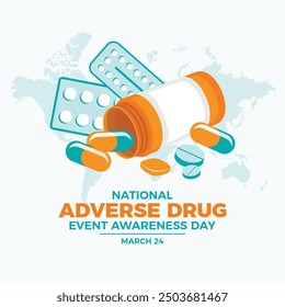 National Adverse Drug Event Awareness Day poster vector illustration. Pill bottle, drugs, blister pack, medications icon set vector. Template for background, banner, card. March 24 each year