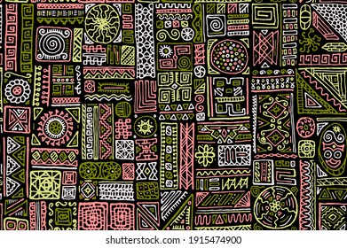 National african vector seamless ornament. Dress fabric print design. African or aztec ethnic tribal hand drawn swatch. Cool doodle patchwork. Bohemian style pattern.