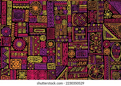 National african vector seamless ornament. Fashion textile print design. African or mayan ethnic tribal hand drawn swatch. Scrapbook doodle patchwork. Bohemian style pattern.