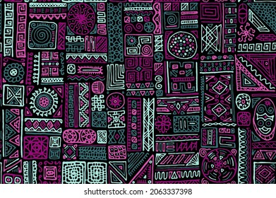 National african vector seamless pattern. Apparel textile print design. African or polynesian ethnic tribal hand drawn swatch. Chic doodle patchwork. Zigzag line rhombus elements texture.