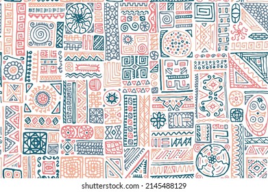 National african vector seamless pattern. Dress fabric print design. African or american ethnic tribal hand drawn swatch. Cool doodle patchwork. Zig zag line triangle elements texture.