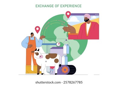 National Agriculture Day concept. Farmers share knowledge globally, enhancing sustainable practices and technological advancements. Dairy farming focus. Vector illustration.