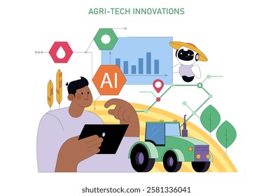 National Agriculture Day concept. Illustration of a farmer using AI and technology for modern farming practices. Advances in agri-tech for sustainable agriculture. Vector illustration.