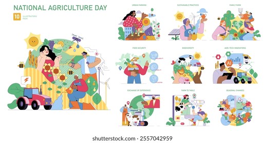 National Agriculture Day set. Celebrating diverse aspects of farming and technology in agriculture. Urban growth, sustainable methods, family traditions, and food security. Vector illustration.