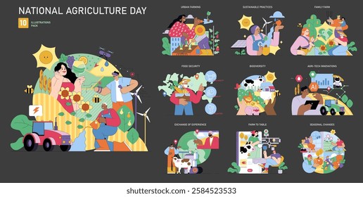 National Agriculture Day set celebrating sustainable farming and modern agri-tech. Showcasing family farms, biodiversity, and food security. Vector illustration.