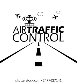 In: National Air Traffic Control Day Event Banner. Kühner Text mit Illustrationen eines Flugturms, eines Flugzeugs und einer Landebahn auf weißem Hintergrund, um am 6. Juli zu feiern