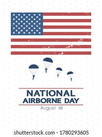 National Airborne Day in the USA concept, banner, greeting card. Annual American professional holiday, vector. USA flag, paratroopers and date 16 August.