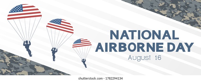 National Airborne Day in the USA concept, banner, greeting card. Annual American professional holiday, vector. USA flag, paratroopers and date 16 August.