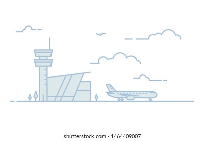 National Airport Line Illustration. Big Passenger Airplane And Airport Building With Tower On Background. Sky With Clouds. Linear Modern, Trendy Vector Banner.