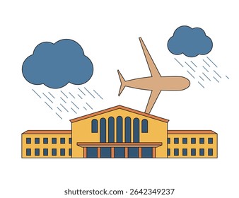 Ilustração da linha do aeroporto nacional. Avião de passageiros e construção de aeroporto. Céu com nuvens e chuva. Banner moderno e moderno. Mau tempo