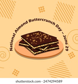 National Almond Butter crunch Day event banner. Delicious pile of butter crunch topped with almonds on wooden plate on light brown background to celebrate on June 29th