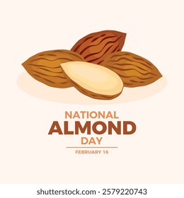 National Almond Day poster vector illustration. Pile of almonds icon vector. Whole and halved almonds drawing. Template for background, banner, card. February 16 every year. Important day