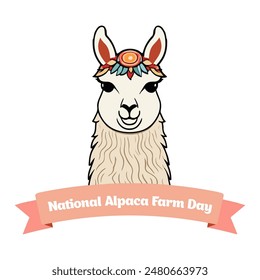 In: National Alpaca Farm Day. Nettes Lama-Cartoon-Zeichen mit Text. Perfekt für Konzepte wie die südamerikanische Tierwelt und den nationalen Lamatag.