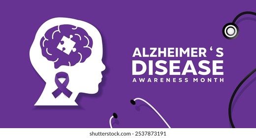 Mês Nacional de Conscientização sobre a Doença de Alzheimer. Humano, quebra-cabeça, fita e estetoscópio. Ótimo para cartões, banners, cartazes, mídias sociais e muito mais. Fundo roxo.