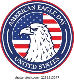 National American Eagle Day Badge With National Flag of United States of America, Seal, Emblem, Poster, Logo, Label, Sticker, Stamp With Grunge Texture